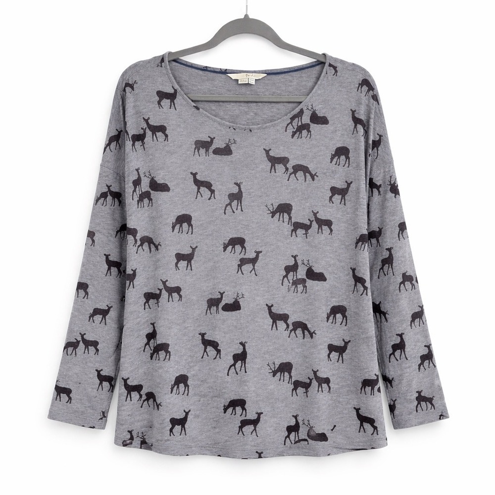 Boden Deer Print Top Women Size 12 Grey Viscose Dolman Sleeve Whimsical Woodland